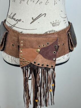 Handcrafted Brown Leather Fringe Festival Belt w/mult pockets-utility hip belt